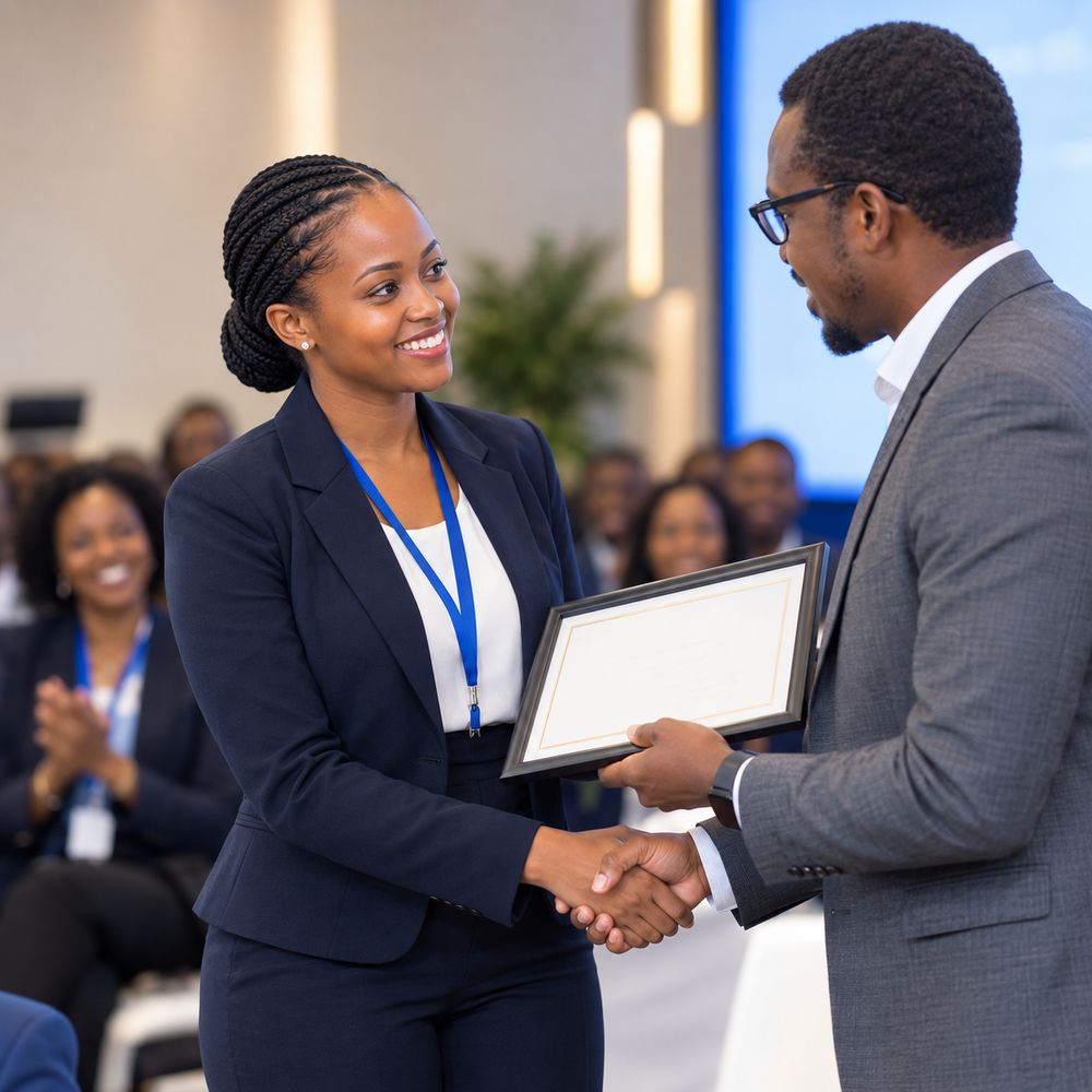 A professional smiles as she receives a framed certificate on stage while colleagues applaud